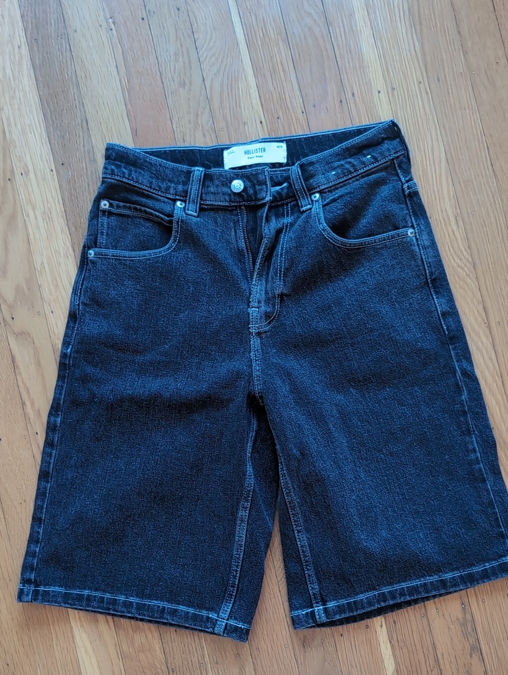 Hollister Super Baggy Grey Washed Denim Long Shorts 28 waist